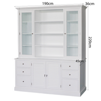 Hamptons Louvre Glass Display Cabinet with Open Bookcase and Buffet