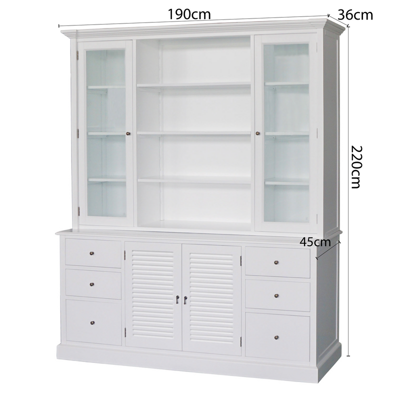 Hamptons Louvre Glass Display Cabinet with Open Bookcase and Buffet
