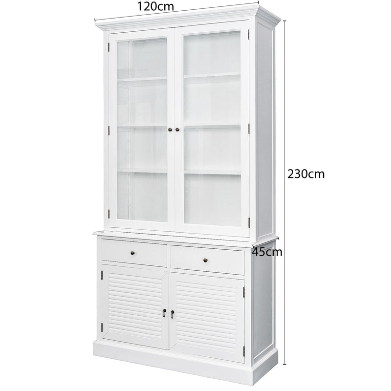 Hamptons Louvre 2 Glass Door Hutch Display and Buffet Cabinet Bookcase Cupboard