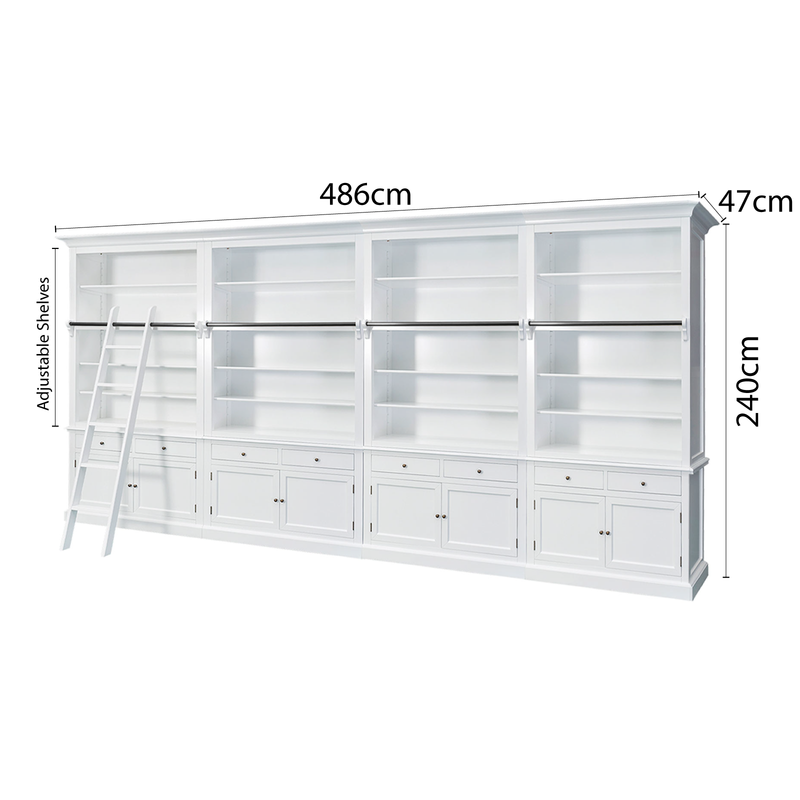 Hamptons Halifax Open Extendable Bookcase with Ladder 486-604cm