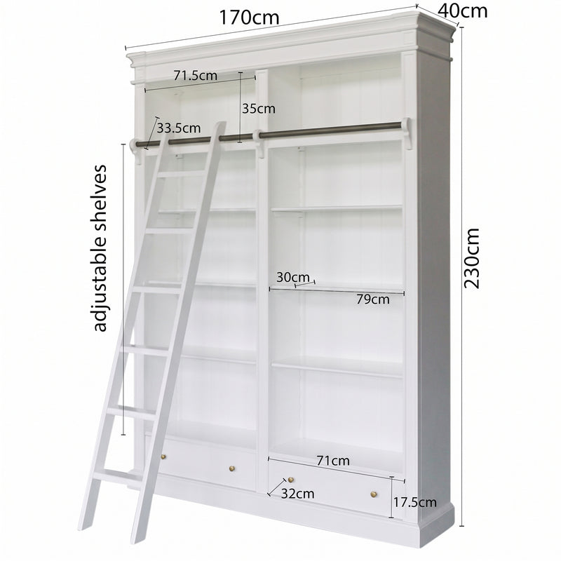 Hamptons Halifax Open Library Bookcase with Ladder 170cm