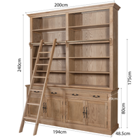 Hamptons Coastal Natural Ash Open Double Buffet and Hutch Bookcase with Ladder