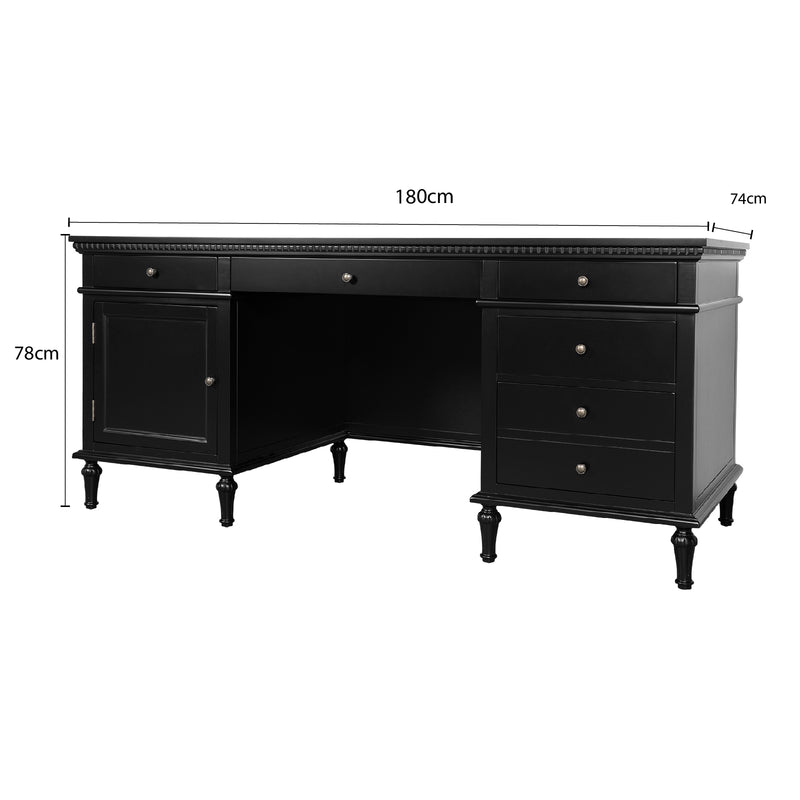 New England Hamptons Executive Desk with Dentil Moulding & Turned Legs – 6 Drawer 1 cupboard Pedestal Study Desk