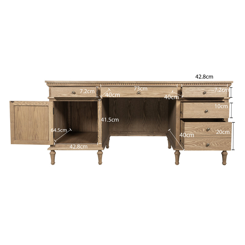 New England Hamptons Executive Desk with Dentil Moulding & Turned Legs – 6 Drawer 1 cupboard Pedestal Study Desk