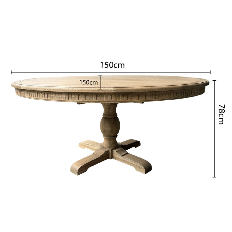 Hamptons Round Dining Table with Dentil Molding in Natural Ash Pedestal Base150cm-190cm