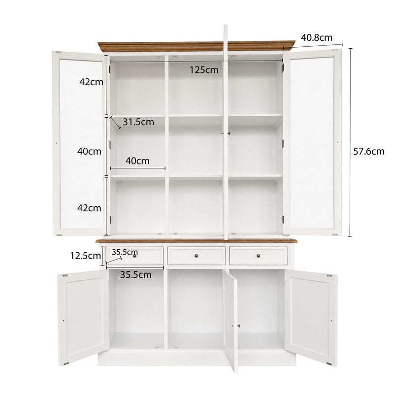 Hamptons Coastal Hutch and Buffet Tempered Glass Display Cabinet with 3 Drawers in WHITE