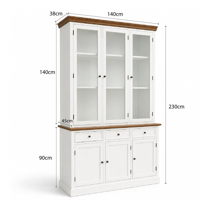 Hamptons Coastal Hutch and Buffet Tempered Glass Display Cabinet with 3 Drawers in WHITE