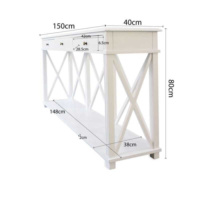 Hamptons Halifax Side Back Cross 3 Drawer Console Hall Table
