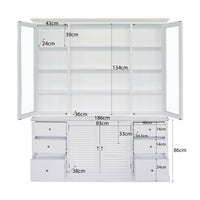 Hamptons Louvre Glass Display Cabinet with Open Bookcase and Buffet