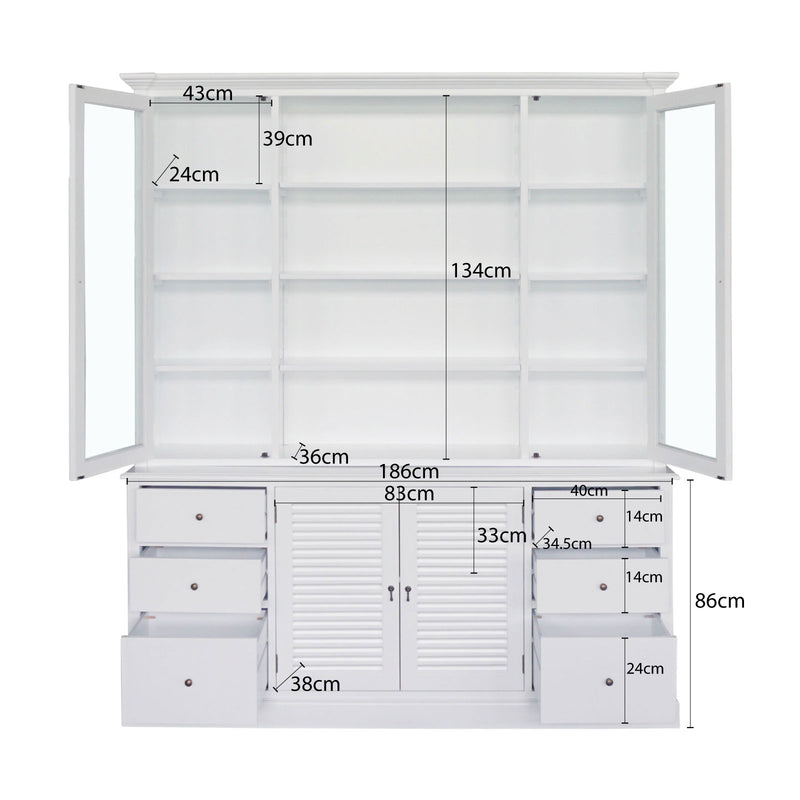 Hamptons Louvre Glass Display Cabinet with Open Bookcase and Buffet