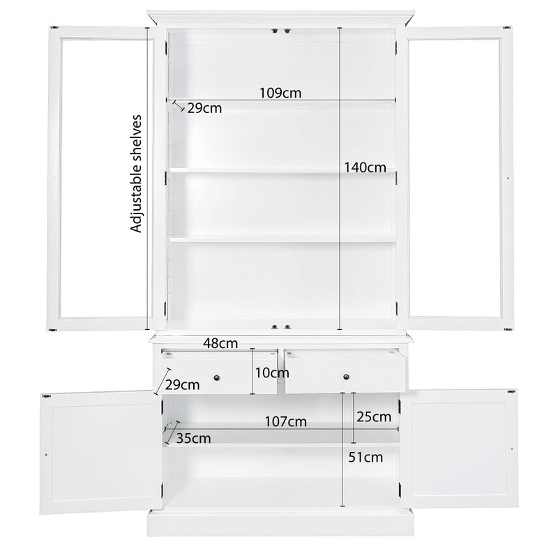 Hamptons Louvre 2 Glass Door Hutch Display and Buffet Cabinet Bookcase Cupboard