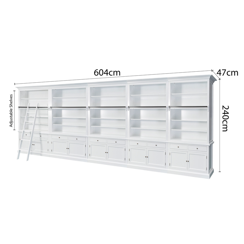 Hamptons Halifax Open Extendable Bookcase with Ladder 486-604cm