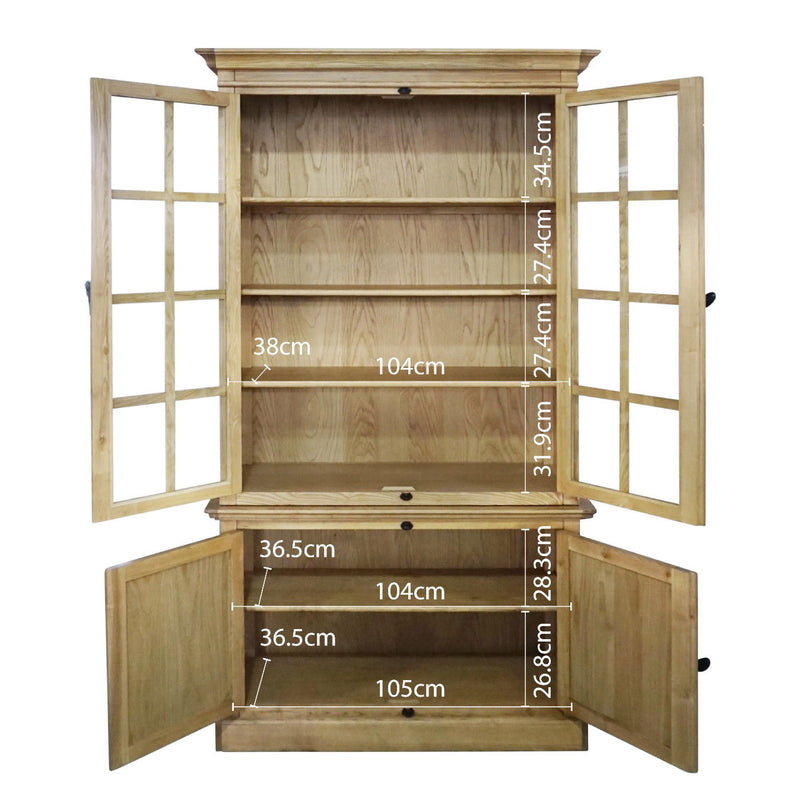 French Provincial Casement Double Glass Door Display Buffet and Hutch Cabinet Bookcase
