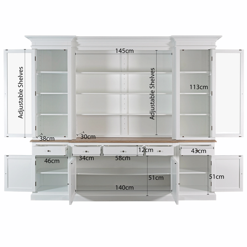 Hamptons Sorrento Buffet Sideboard Glass Hutch Open Bookcase