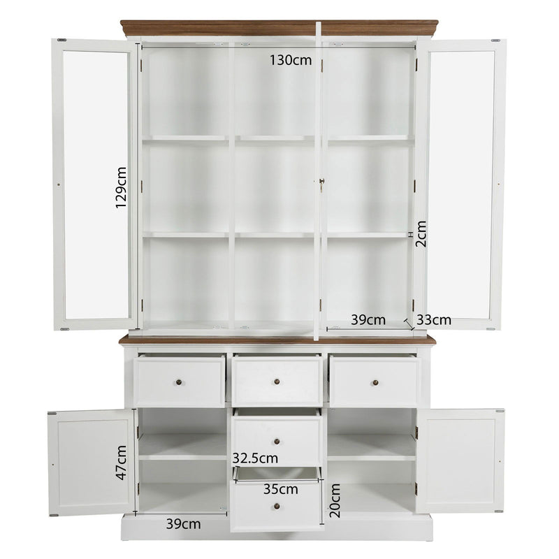 Hamptons Coastal Hutch and Buffet 5 Drawer Glass Display Cabinet