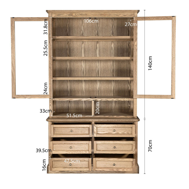 Hamptons Halifax 2 Glass Door 6 Drawer Kitchen Cabinet