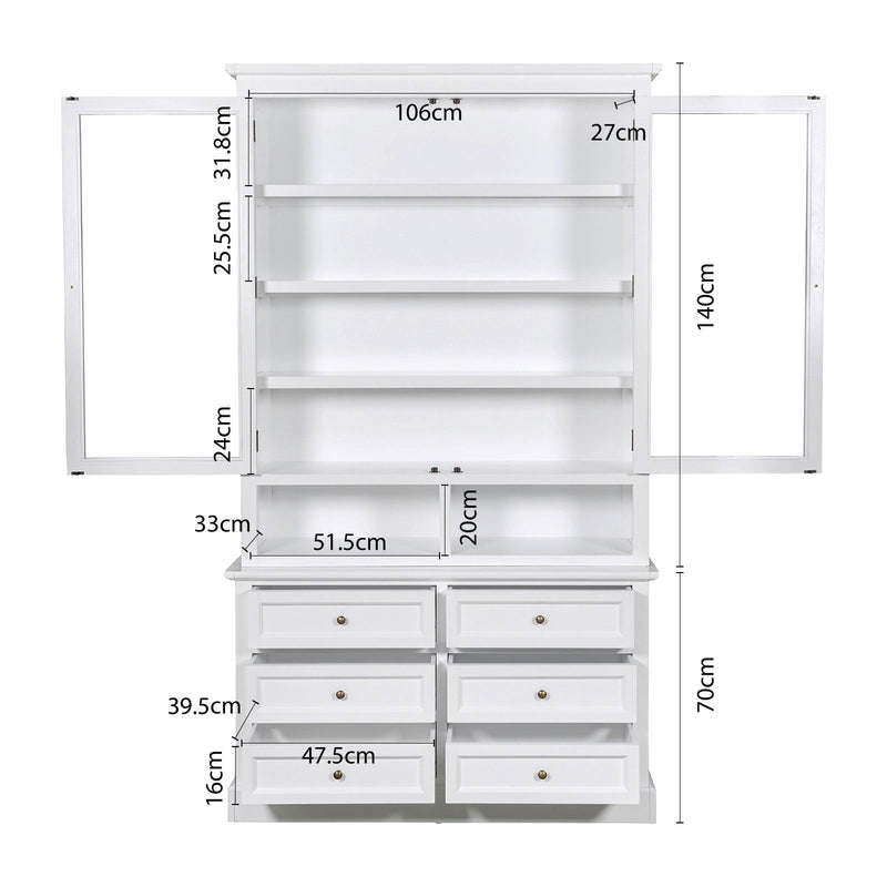 Hamptons Halifax 2 Glass Door 6 Drawer Kitchen Cabinet