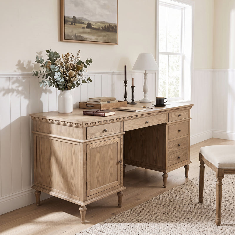 New England Hamptons Executive Desk with Dentil Moulding & Turned Legs – 6 Drawer 1 cupboard Pedestal Study Desk
