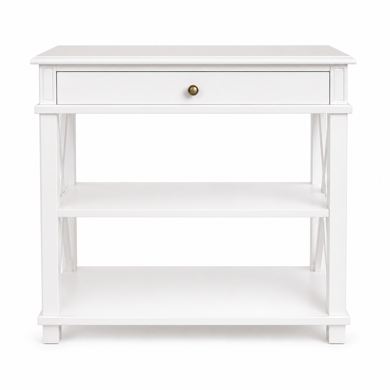Hamptons Coastal Cross 1 Drawer Bedside Table with Shelf