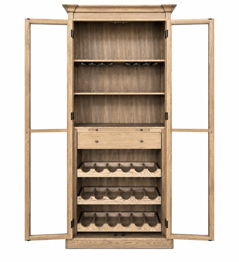 Hamptons Glass Door Display Wine Bar & Drink Cabinet with Storage, Wine Rack, Glass Holders & Pull-Out Trays 110cm Wide