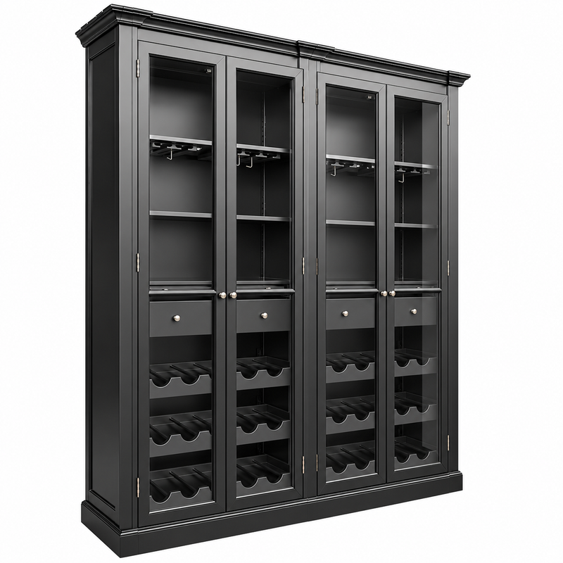 Hamptons Glass Door Display Wine Bar & Drink Cabinet with Storage, Wine Rack, Glass Holders & Pull-Out Trays 110cm Wide