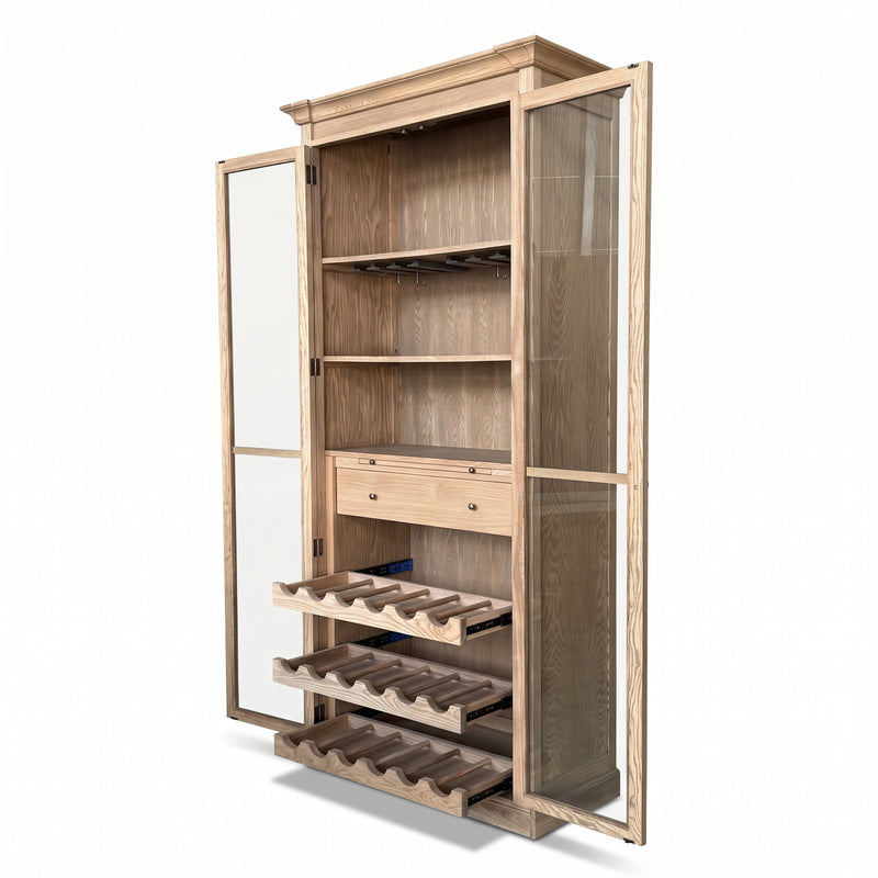 Hamptons Glass Door Display Wine Bar & Drink Cabinet with Storage, Wine Rack, Glass Holders & Pull-Out Trays 110cm Wide
