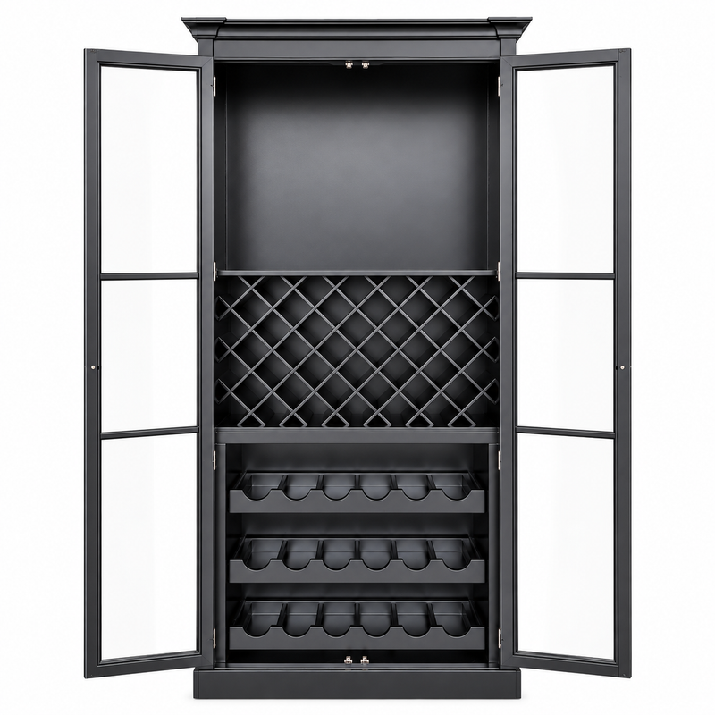 Hamptons Glass Door Display Wine Bar & Drink Cabinet with Storage, Lattice Wine Rack,Glass Holders & Bottle Trays 110cm Wide