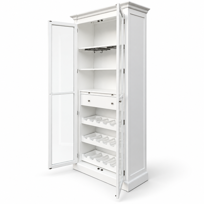 Hamptons Glass Door Display Wine Bar & Drink Cabinet with Storage, Wine Rack, Glass Holders & Pull-Out Trays 110cm Wide