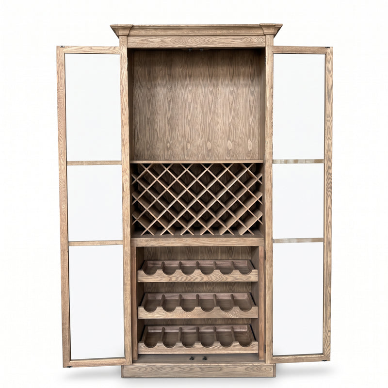 Hamptons Glass Door Display Wine Bar & Drink Cabinet with Storage, Lattice Wine Rack,Glass Holders & Bottle Trays 110cm Wide