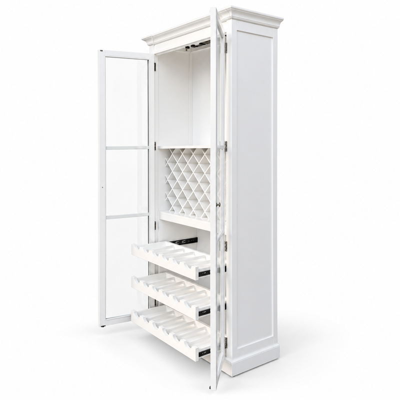 Hamptons Glass Door Display Wine Bar & Drink Cabinet with Storage, Lattice Wine Rack,Glass Holders & Bottle Trays 110cm Wide