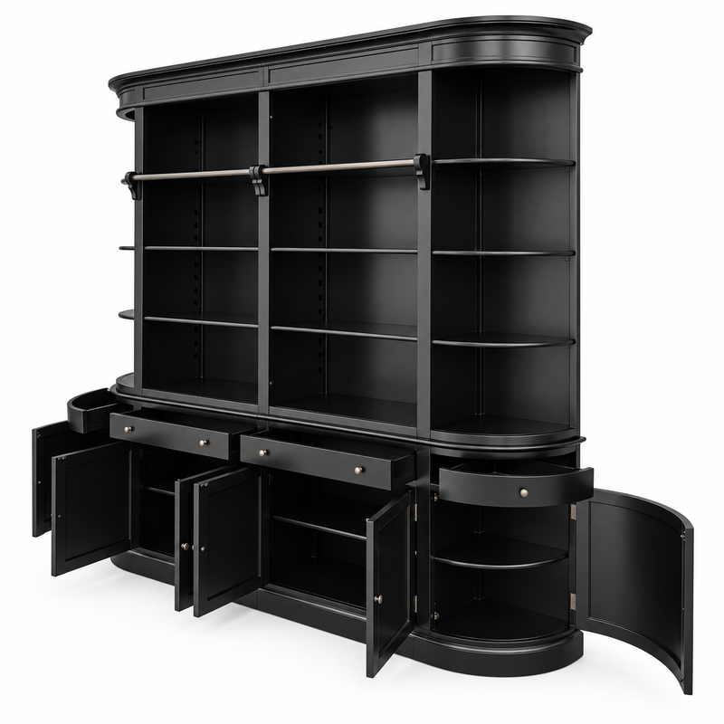 French Provincial Grand Library Bookcase Cabinet with Ladder & Curved Side Detailing Display