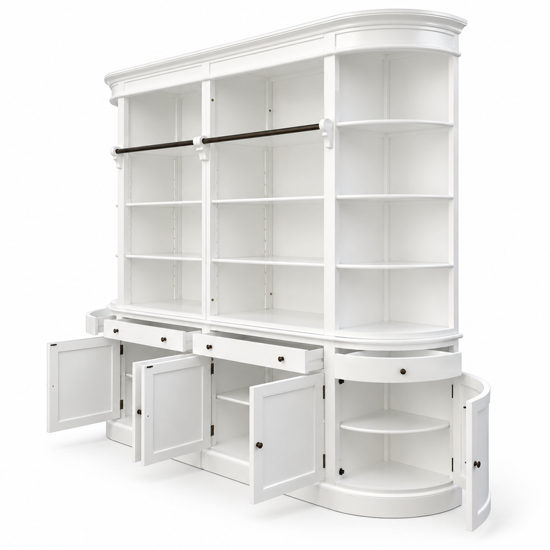 French Provincial Grand Library Bookcase Cabinet with Ladder & Curved Side Detailing Display