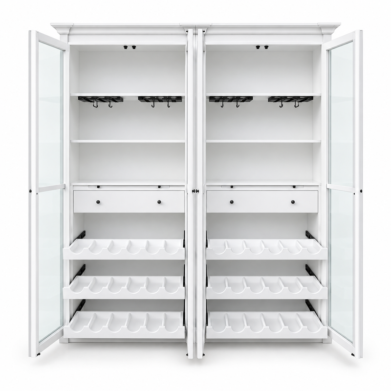 Hamptons Glass Door Display Wine Bar & Drink Cabinet with Storage, Wine Rack, Glass Holders & Pull-Out Trays 110cm Wide