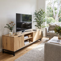 Urban Living Style Wooden TV Entertainment Unit with Iron Base, Open Shelving and Cabinet Storage