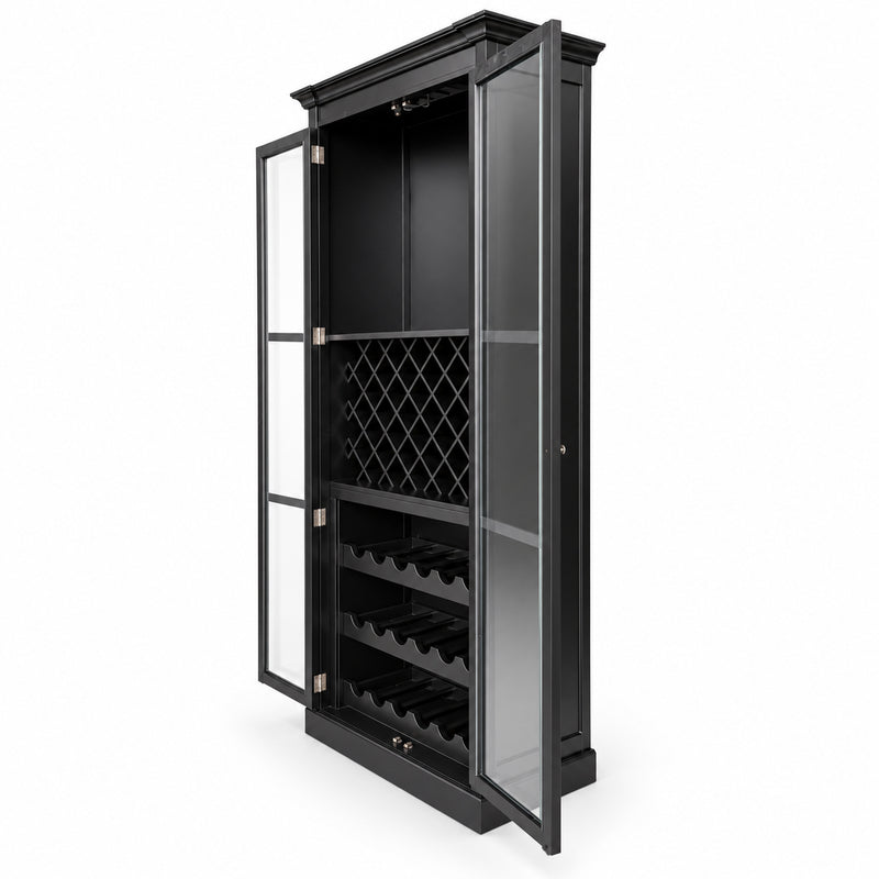 Hamptons Glass Door Display Wine Bar & Drink Cabinet with Storage, Lattice Wine Rack,Glass Holders & Bottle Trays 110cm Wide