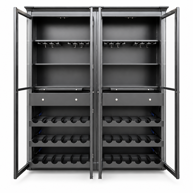 Hamptons Glass Door Display Wine Bar & Drink Cabinet with Storage, Wine Rack, Glass Holders & Pull-Out Trays 110cm Wide