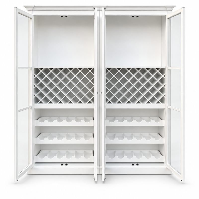 Hamptons Glass Door Display Wine Bar & Drink Cabinet with Storage, Lattice Wine Rack,Glass Holders & Bottle Trays 110cm Wide