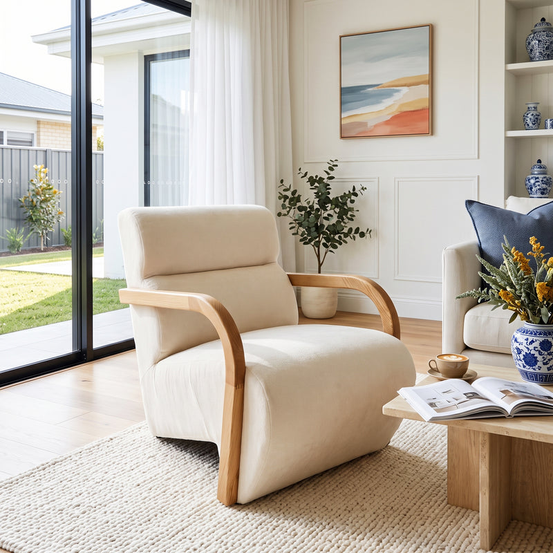 The Mosaic Bouclé Lounge Armchair with Black / Natural Frame in French Mist Grey / Toasted Oatmeal / Butter Cream