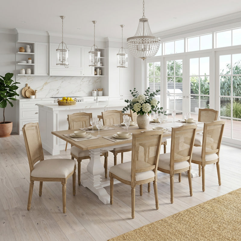 Hamptons 220cm - 320cm Rectangle Extendable Dining Table -  White Trestle Leg Ash Top
