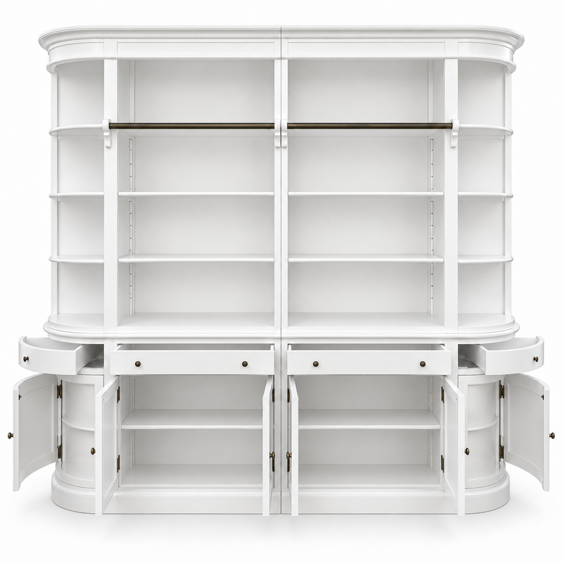 French Provincial Grand Library Bookcase Cabinet with Ladder & Curved Side Detailing Display