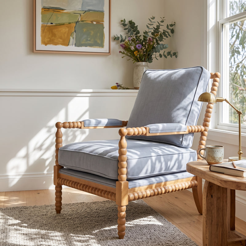 Hamptons Coastal Solid Timber Bobbin Linen Armchair with Removable Cushions
