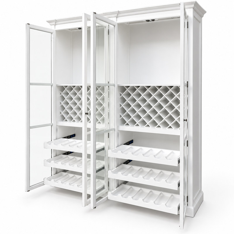 Hamptons Glass Door Display Wine Bar & Drink Cabinet with Storage, Lattice Wine Rack,Glass Holders & Bottle Trays 110cm Wide