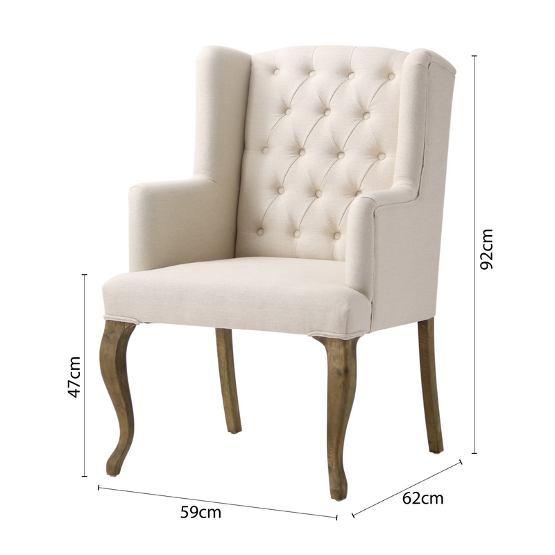 French Provincial Country Natural Linen Button Tufted Upholstered Arm Carver Chair