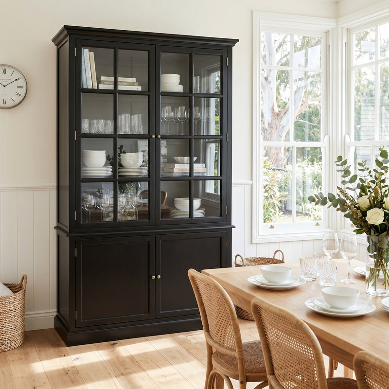 Hamptons Coastal Hutch Glass Display Cabinet Bookcase and Buffet Cupboard