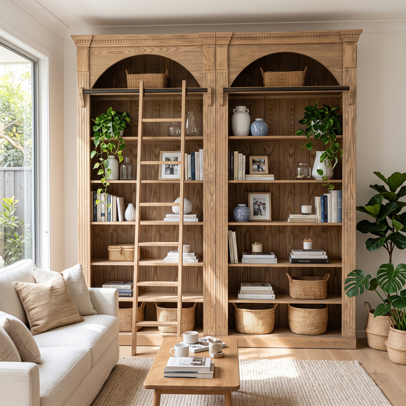 Hamptons Heritage Open Library Arched Extendable Bookshelf/Bookcase with Ladder 100cm - 300cm Wide