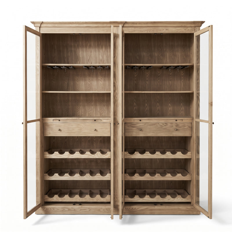 Hamptons Glass Door Display Wine Bar & Drink Cabinet with Storage, Wine Rack, Glass Holders & Pull-Out Trays 110cm Wide