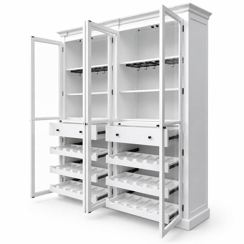Hamptons Glass Door Display Wine Bar & Drink Cabinet with Storage, Wine Rack, Glass Holders & Pull-Out Trays 110cm Wide