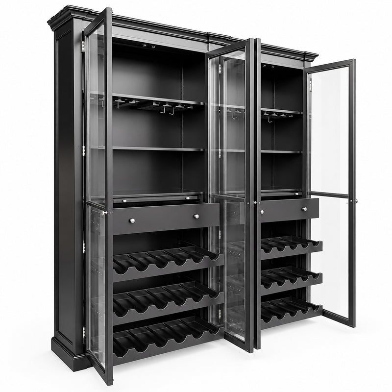 Hamptons Glass Door Display Wine Bar & Drink Cabinet with Storage, Wine Rack, Glass Holders & Pull-Out Trays 110cm Wide