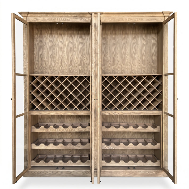 Hamptons Glass Door Display Wine Bar & Drink Cabinet with Storage, Lattice Wine Rack,Glass Holders & Bottle Trays 110cm Wide