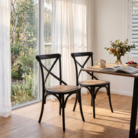 Hamptons Coastal Birch American Oak Rattan Seat Cross Back Dining Chairs